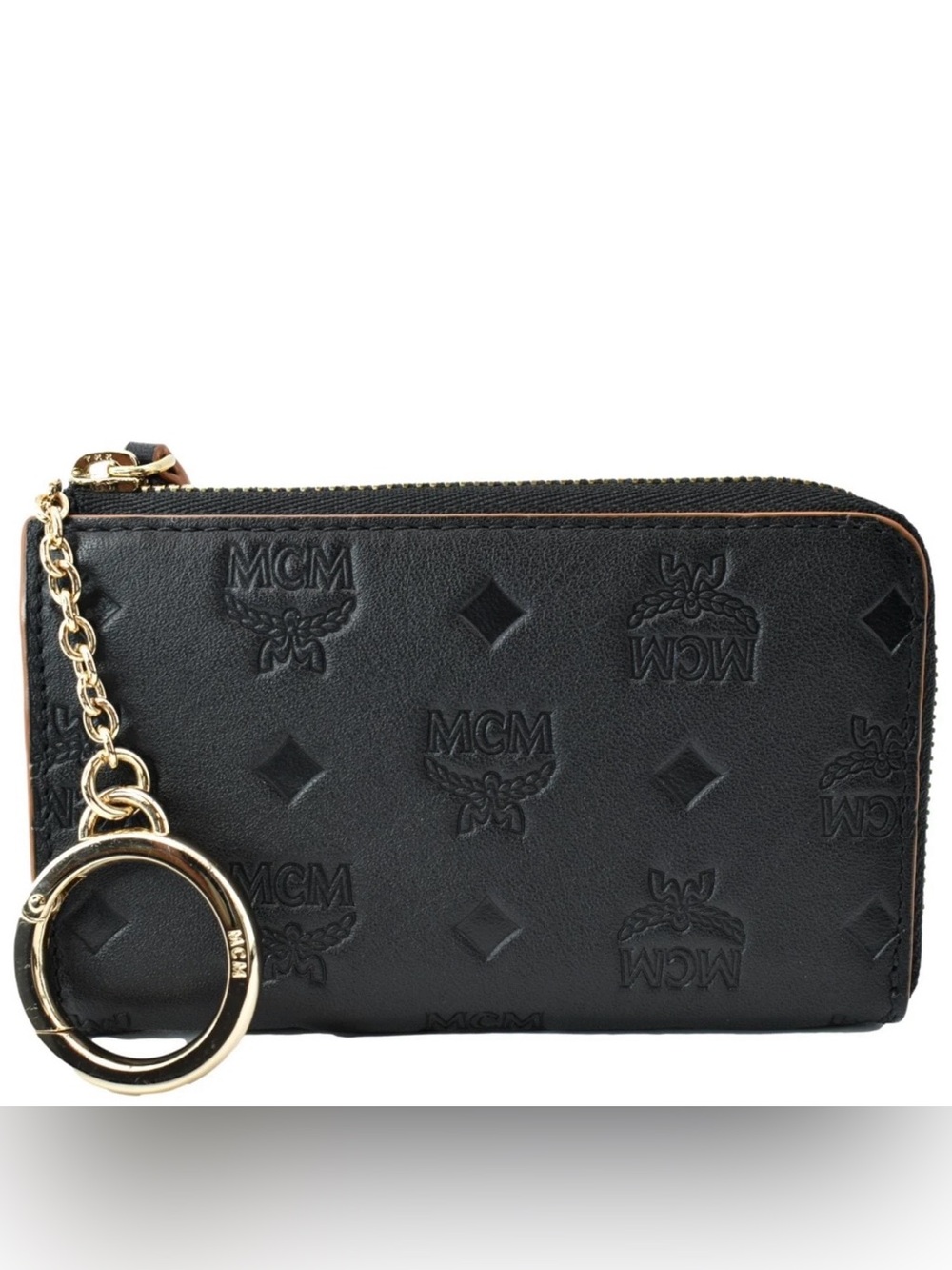NEW MCM Aren Mini Embossed Monogram Zip Wallet Black Tan